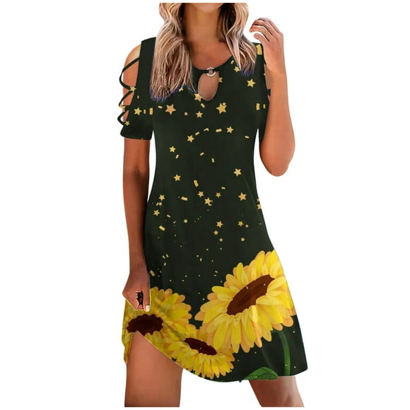 fartey Women's Cold Shoulder Dresses Tunic Comfy Sunflower Print Mini Dress Cut out Crew Neck Short Sleeve Vacation Sundress