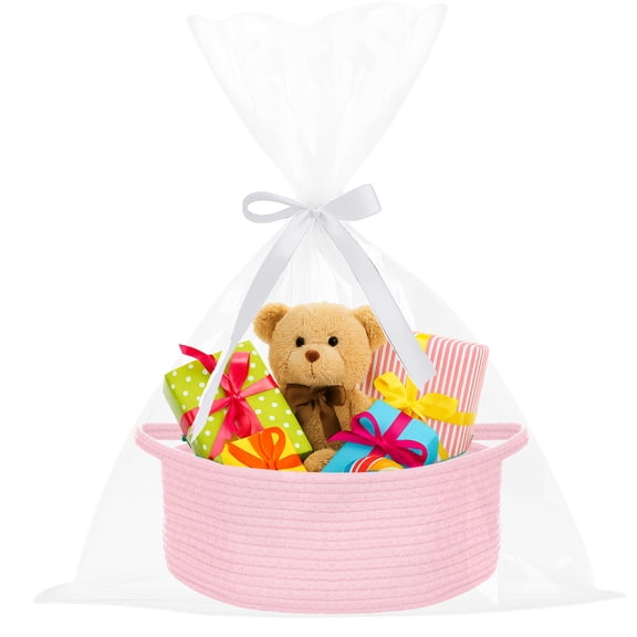 PinkSheep Small Baskets for Gifts, Woven Gift Basket Empty with Plastic Wrap Bag & Ribbons, 12" x 8", Pink