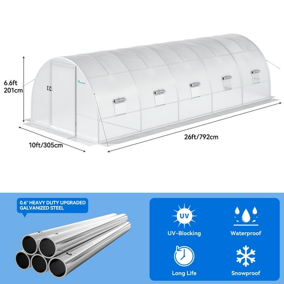 26x10x7ft Greenhouse Extra Large Heavy Duty Large 2 Swing Doors Walk-in Greenhouses Tunnel Green Houses Outdoor 10 Windows Gardening Upgraded Galvanized Steel Garden, White