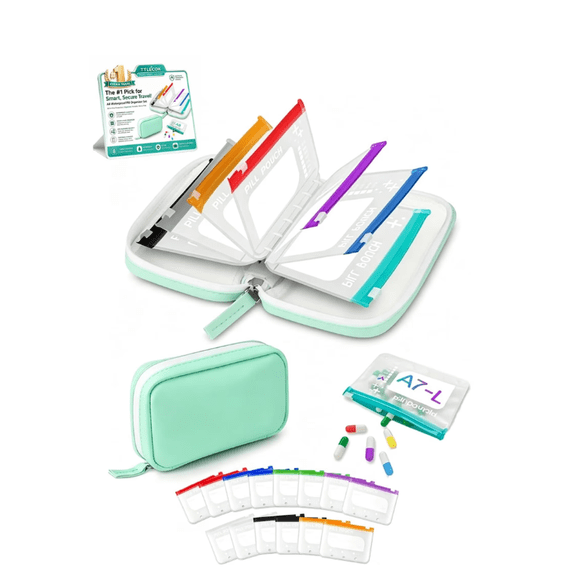 A8 Waterproof Pill Organizer Set – 14 Color-Coded Pouches, Travel Medicine Organizer with Leakproof Zippered Case, Reusable Daily Pill Holder for 2-Week Planning (Green, 1PCS)