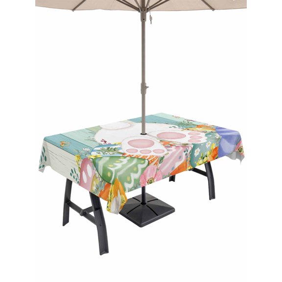 Cute Easter Bunny Outdoor Tablecloth - 60x102 Inch Rectangle Dining Table Cover, Eucalyptus Leaves Colorful Eggs Wooden Waterproof Outdoor Table Cloth with Umbrella Hole & Zipper for Picnic/Patio