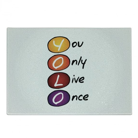 YOLO Cutting Board, Acronym Design with Colorful Circles You Only Live Once Lettering Geometric Pattern, Decorative Tempered Glass Cutting and Serving Board, Small Size, Multicolor, by Ambesonne