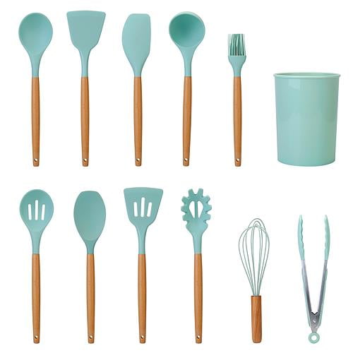 NewHome 11Pcs Silicone Cooking Utensil Set Heat Resist Wooden Handle Silicone Spatula Turner Ladle Spaghetti Server Tongs Spoon Egg Whish Kitchenware Set w/ H