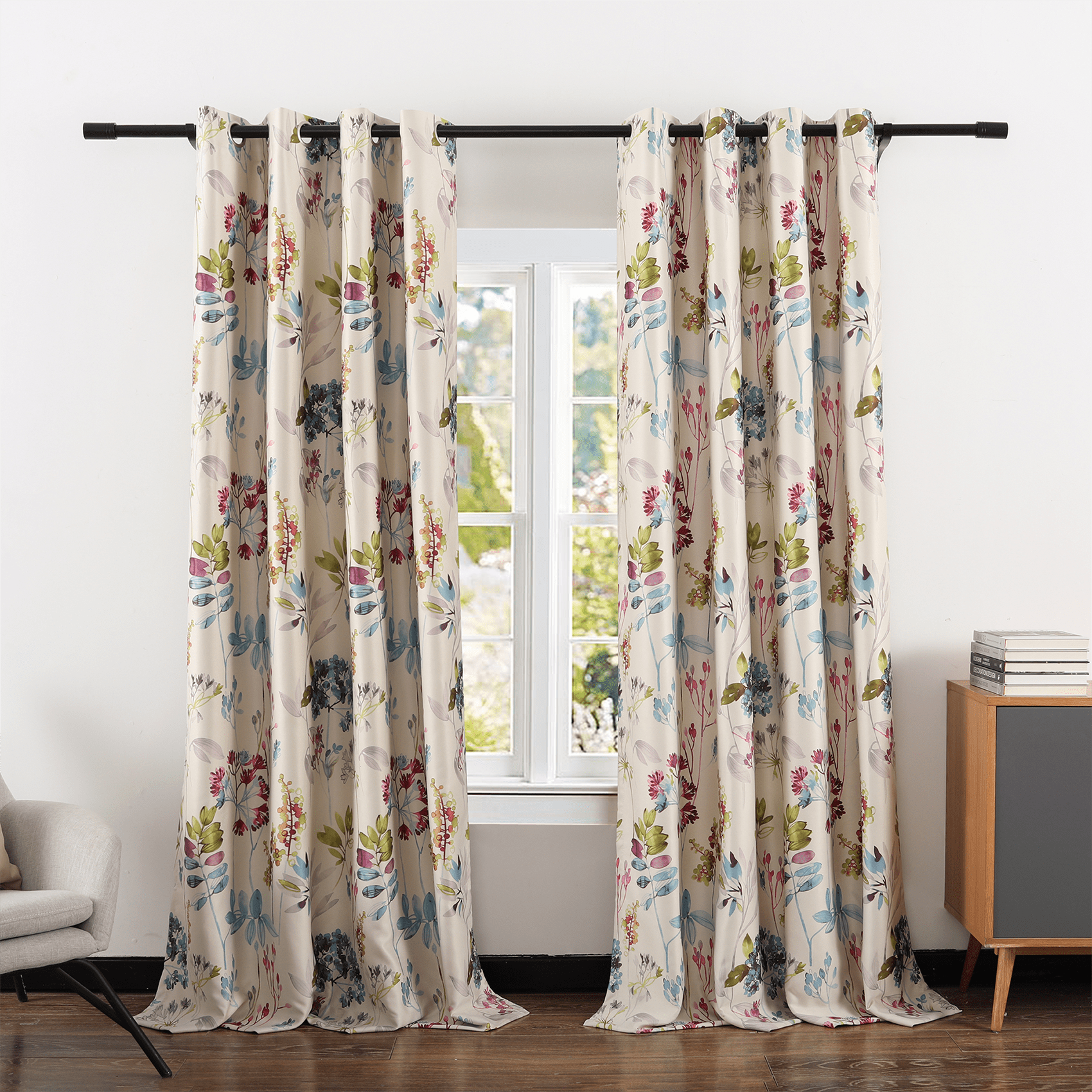 VOGOL Country Floral Grommet Light Filtering Curtains, 52 x 63 in (2 Panels)