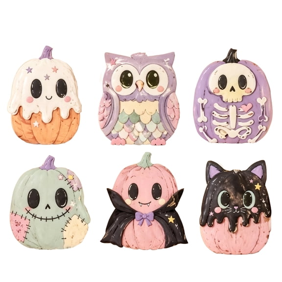 Halloween Decorations Set of 6 Cute Pumpkin Figurines, Cartoon Ghost, Owl, Skeleton, , Cat, and Tabletop Ornaments for Shelf, , Party, and Home Decor