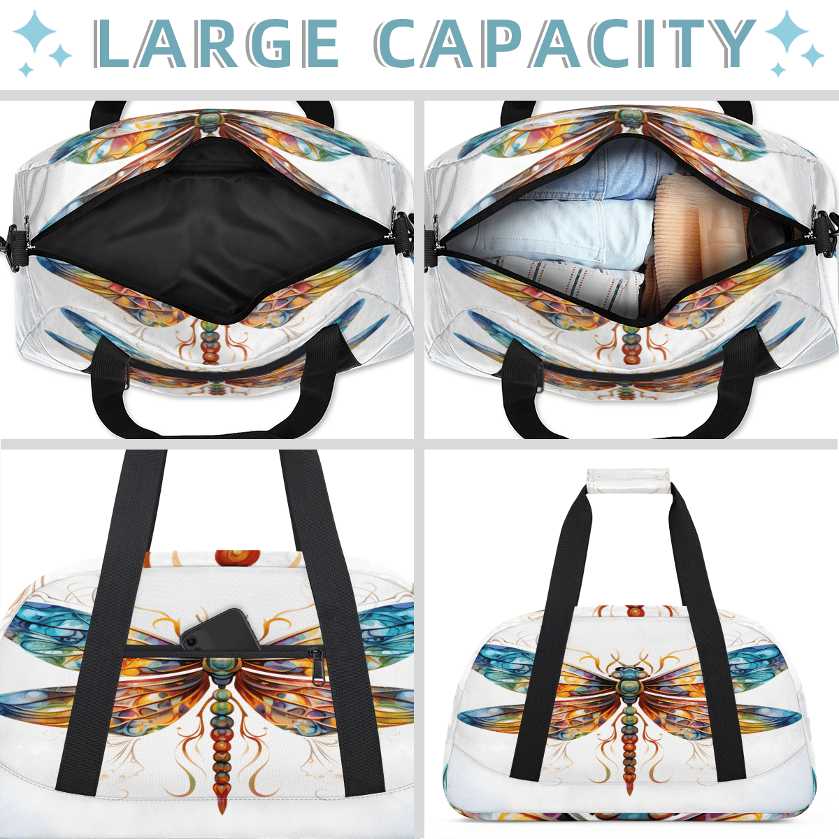 Herdesigns Boho Sports Duffle Bag for Women & Men, Dragonfly Gym Bag Dance Bag Overnight Bag Carry On Weekender Travel Bag
