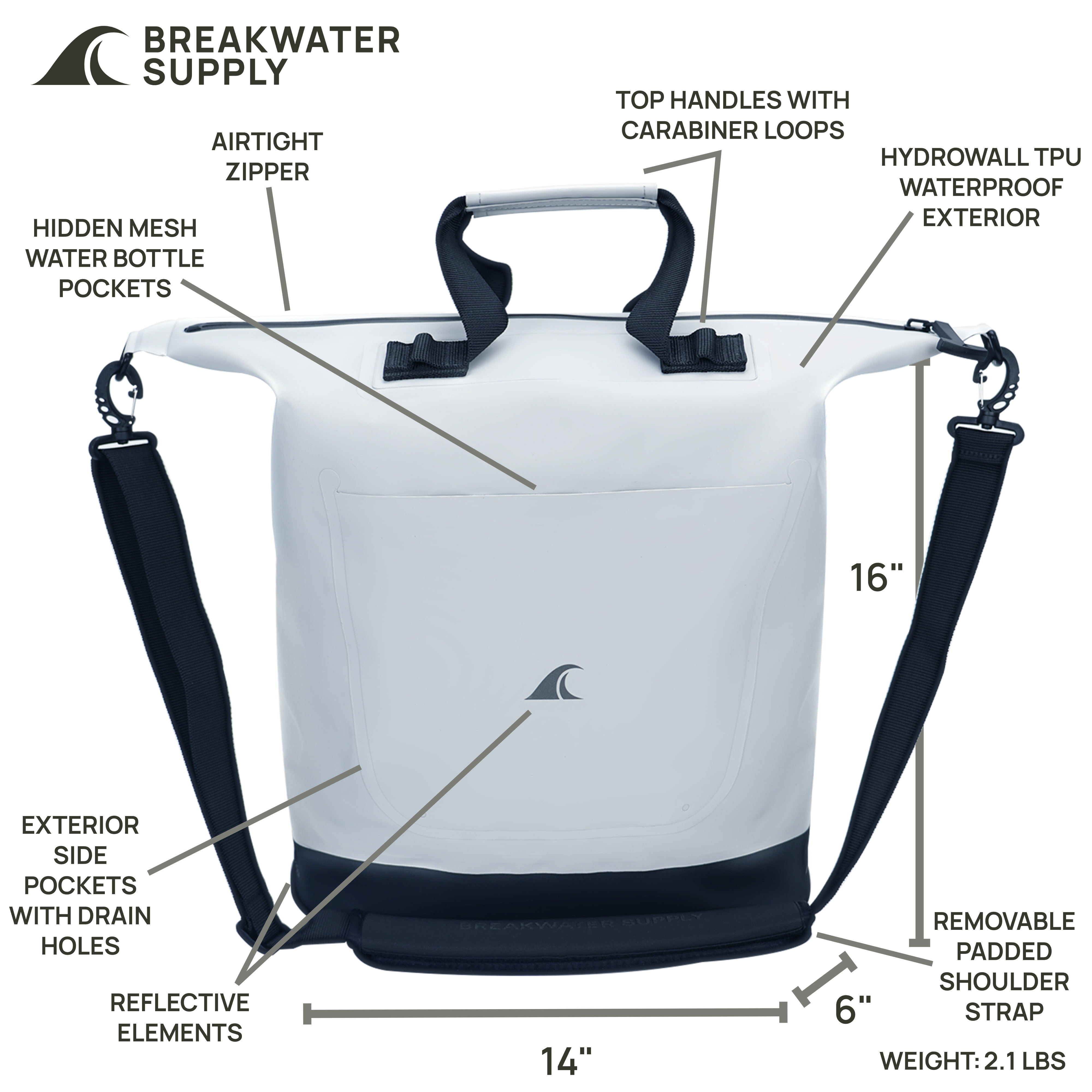 Breakwater Supply Riverton Waterproof IP68 Utility Tote Bag with Zipper Closure, Shoulder Strap, Water Bottle Pockets (Fog White)