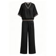 thumbnail image 7 of Cagogo Women Plus Size 2 Piece Set V Neck Short Sleeve Top Wide Leg Pants Casual Summer Boho Vacation Outfits Loose Matching Lounge Sets Tracksuits Travel Cruise Clothes, Black S, 7 of 7
