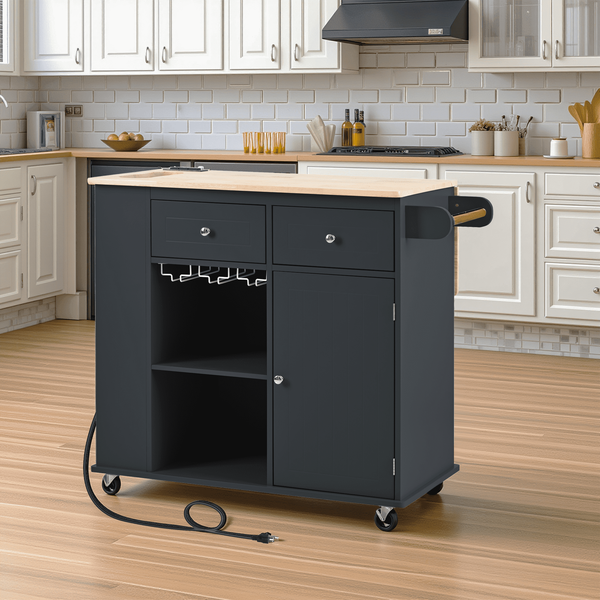 MAYEERTY Rolling Kitchen Island with Power Outlet, Towel Rack, Drop Leaf & Rubber Wood, Black