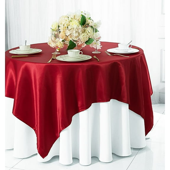 Wedding Linens Inc. 85 inch Square Satin Table Overlay Toppers - AppleRed