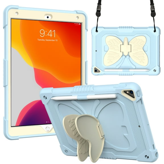 for iPad Mini 7th Gen 8.3" 2024 Kids Case with 3D Butterfly Stand & Pencil Holder, Tablet Case with Adjustable Shoulder Strap, Shockproof Protective Cover for iPad Mini 6th Gen 8.3" 2021, Blue Beige