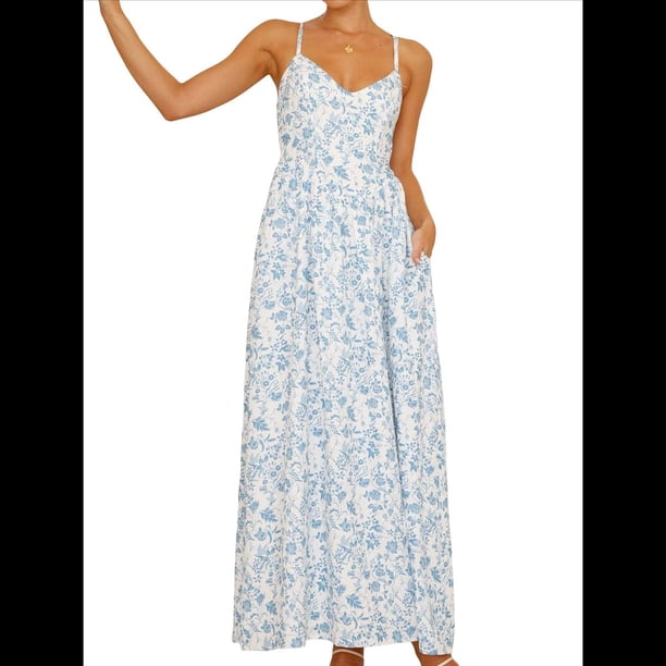 Vestido Bohemio de Verano 2025 para Mujer, Sin Mangas, con Estampado Floral y Fruncido Azul M