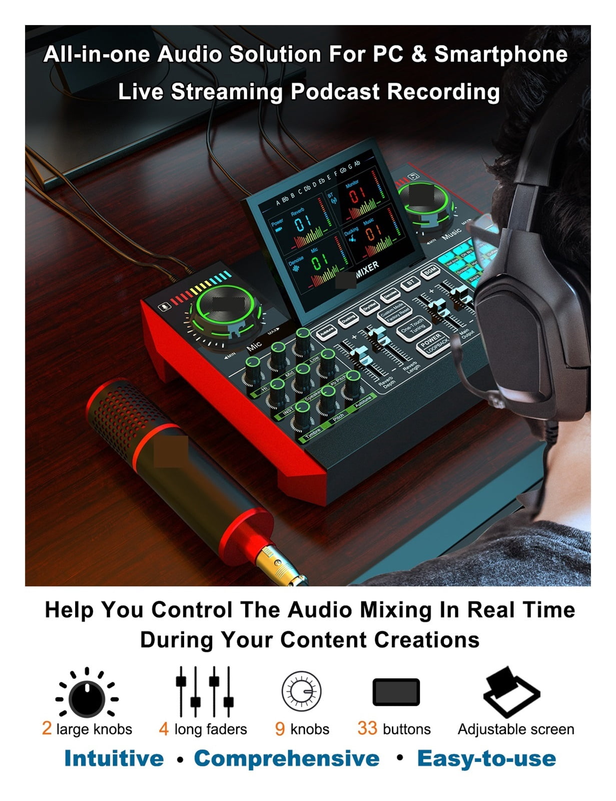 Audio Interface USB Podcast Equipment Bundle Mixer & Vocal Effects, G10 Sound Card Board Voice Changer, DJ Mixer For Live Stream ,Clear Sound