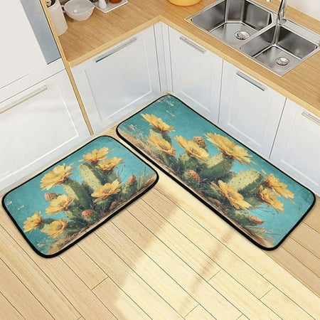 

Kitchen Rug Set 2 Pieces Non Slip Kitchen Mat for Kitchen Home Floor Sink 47 x19 +27 x19 Beautiful Cactus