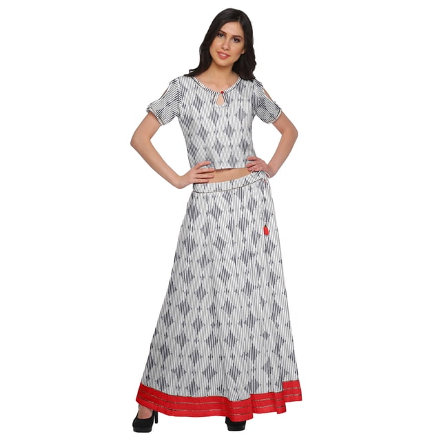 Moomaya Printed Ethnic Wear Long Skirt And Cold Shoulder Crop Top Set For Girls