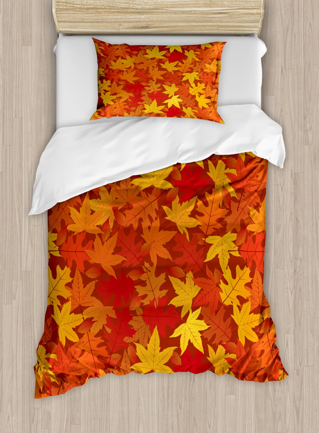 Orange Duvet Cover Set, Colorful Autumn Fall Season Maple Leaves in