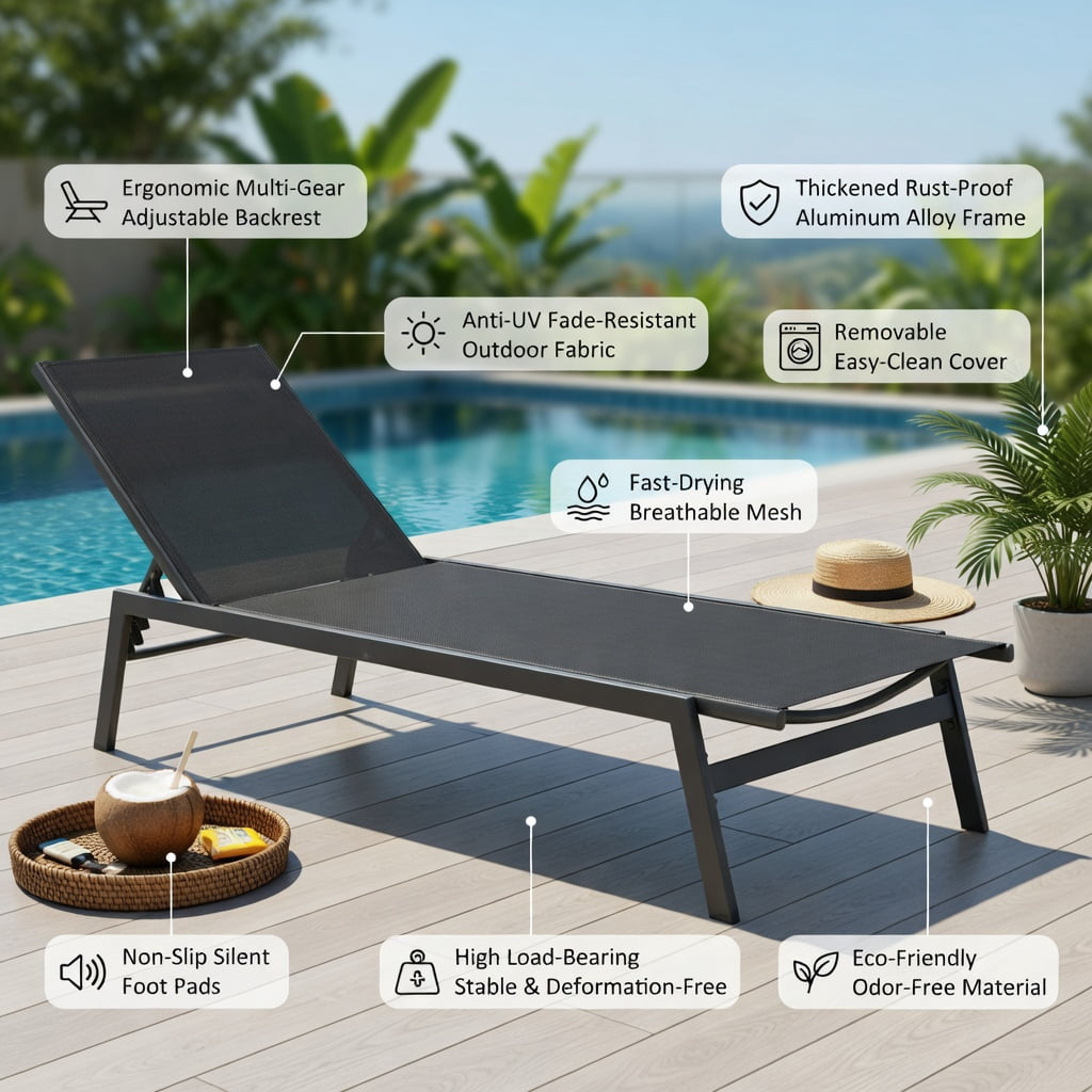 Hommoo 6-Position Adjustable Outdoor Chaise Lounge Chair, Rustproof Steel Frame, Breathable Quick-Dry Fabric, for Patio, Poolside & Backyard, Gray
