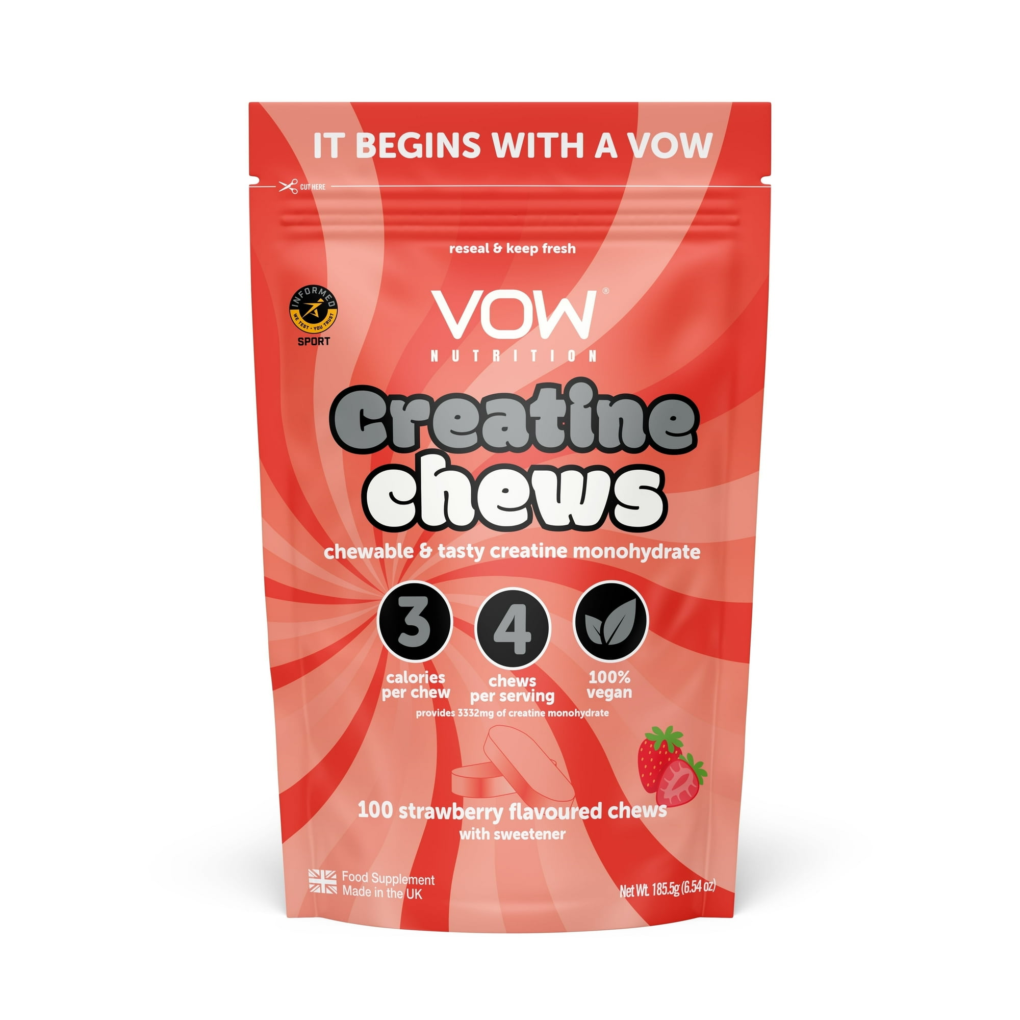 VOW Nutrition Creatine Monohydrate Chews, Strawberry, 100 Count