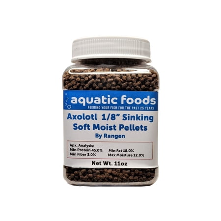 Axolotl Food 1/8" Soft Moist Sinking Rangen Salmon Pellets for Juvenile Axolotl also Shrimp, Snails, Crabs, Crayfish, Bottom Tropical Fish..11oz Small Jar
