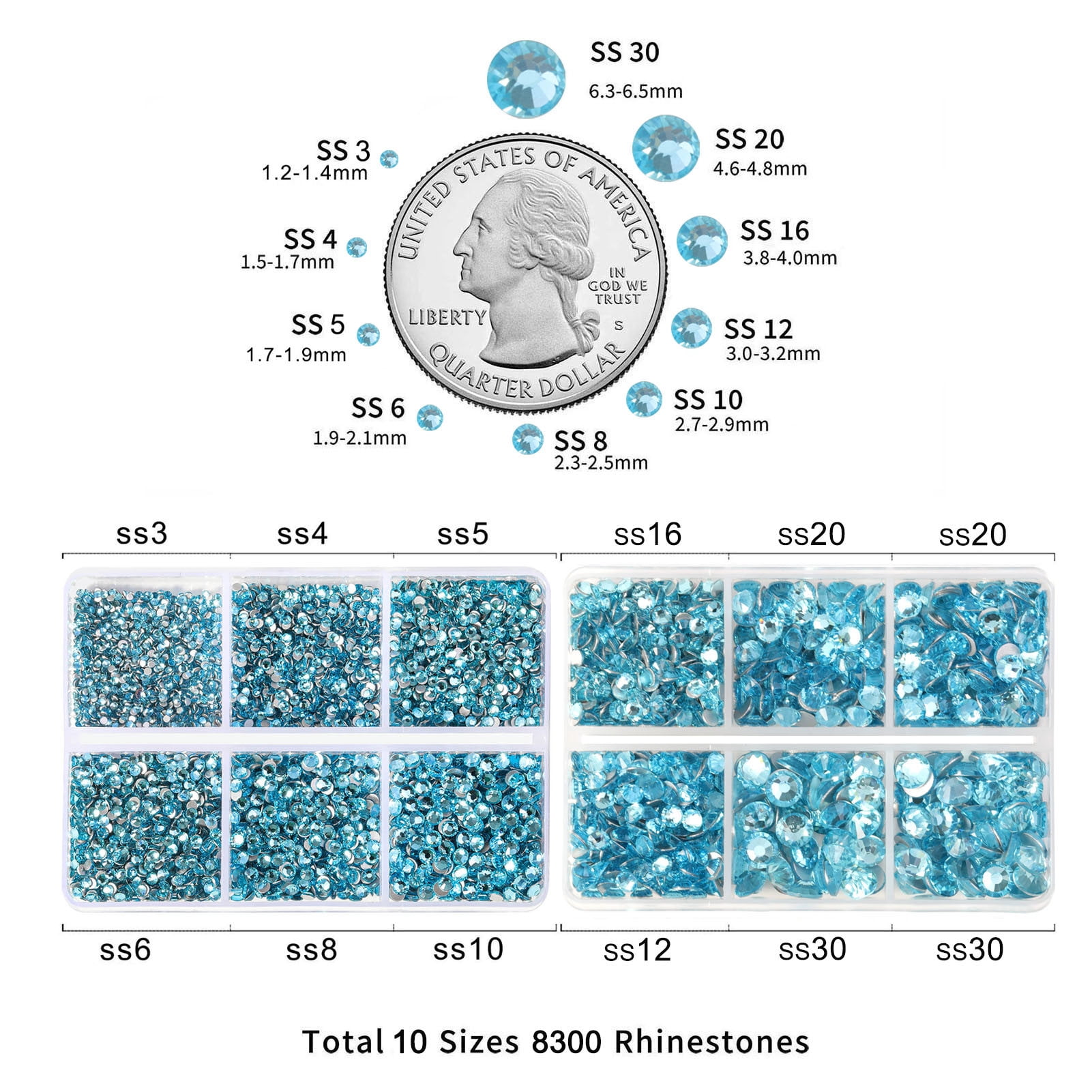 Beadsland 8300PCS Flatback Rhinestones 10 Sizes with Wax Pencil and Tweezer Kit, SS3-SS30, Aquamarine