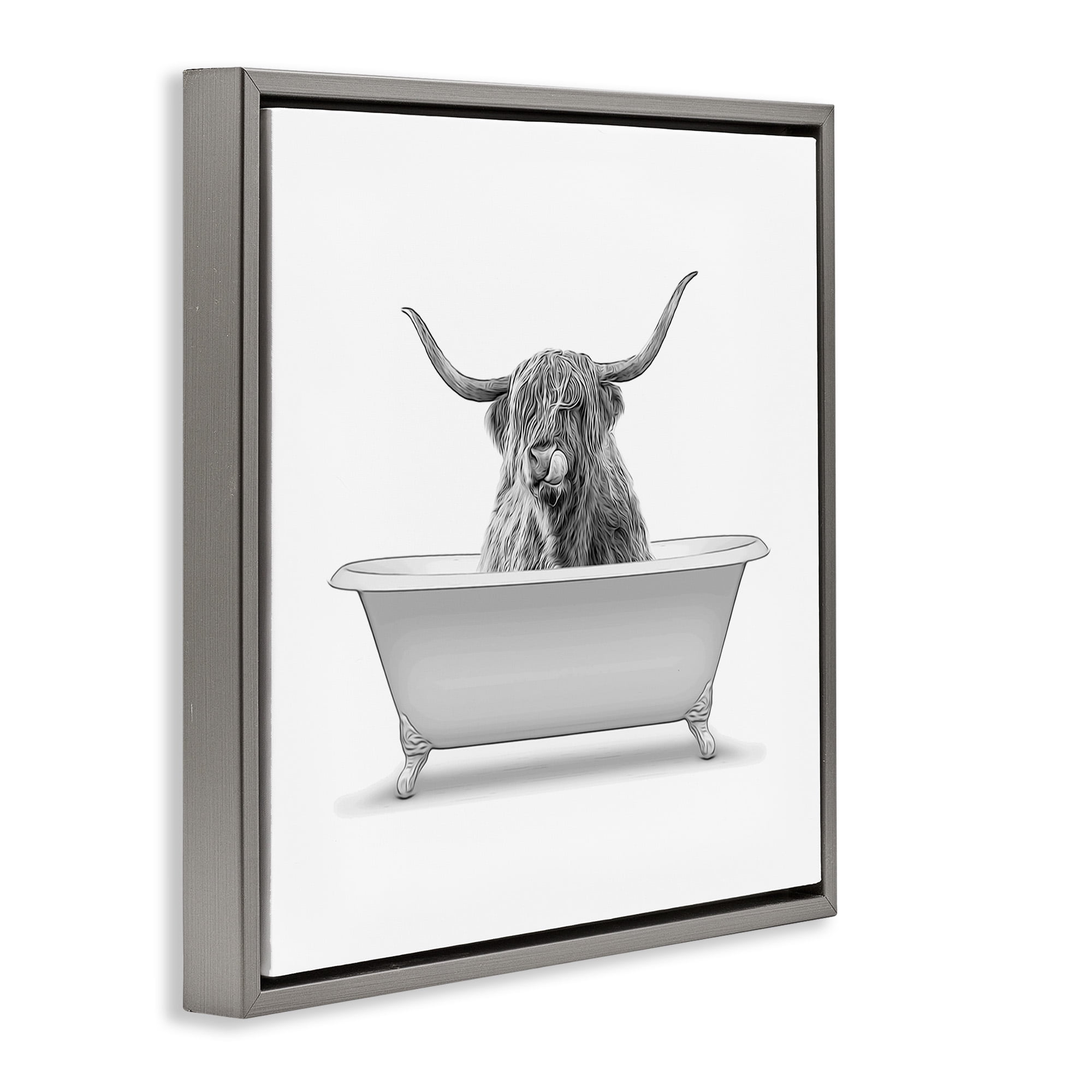 Stupell Industries Longhorn Highland Cow Bath Tub Animals & Insects Painting Gray Floater Framed Canvas Art Print Wall Art, 25 x 25