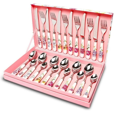 

24 Pcs Stainless Steel Flatware Set - Dinner Knives Forks and Spoons for Dessert & Dinner Silverware Service for 6 With Ceramic Handle