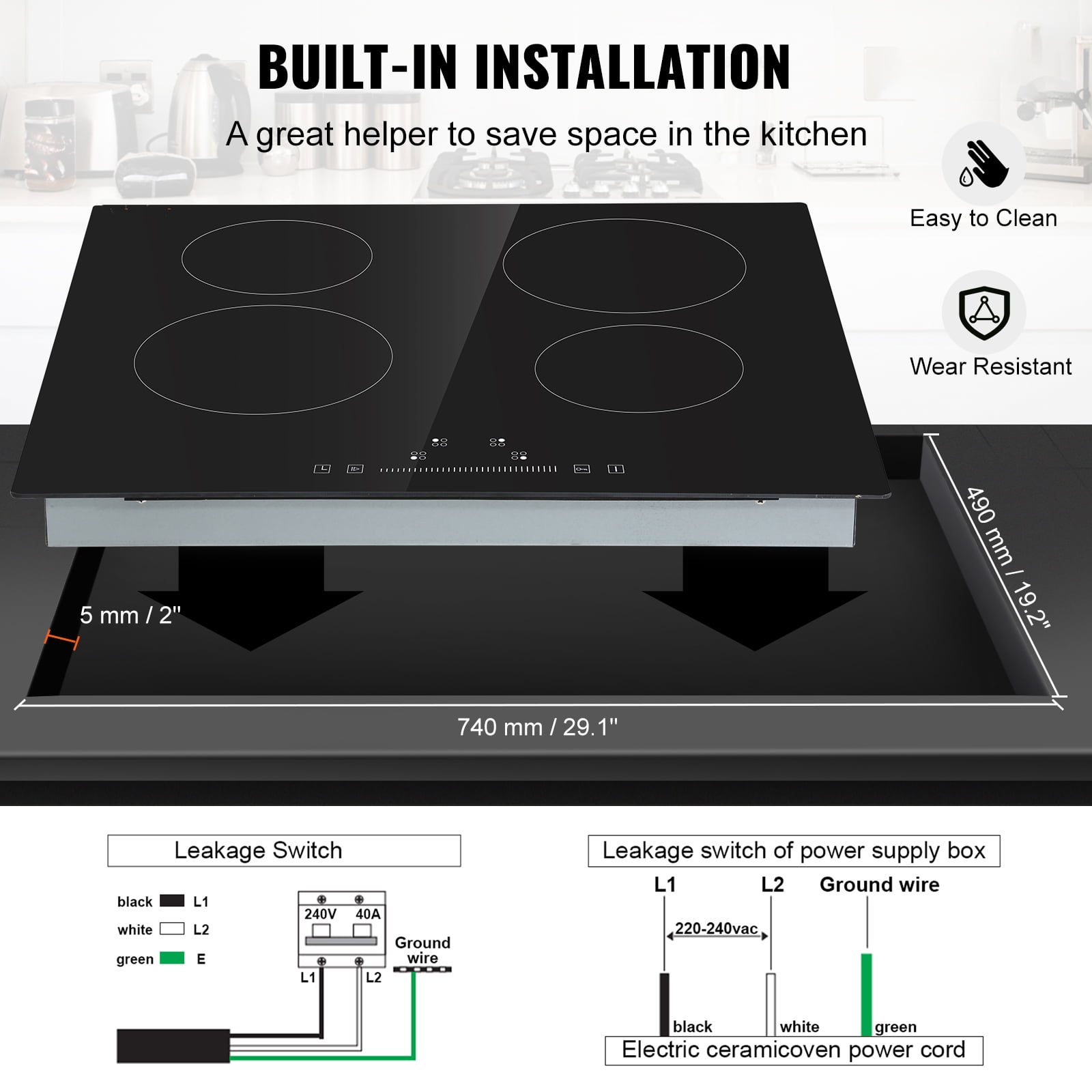 VEVOR 6000W Built-in Electric Cooktop Radiant Induction Cooktop Ceramic Cooktop 4 Burners Sensor Touch Stove 23.2''x20.5''