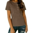 thumbnail image 1 of Women's Crew Neck Button Tee, Short Sleeve Loose Roll Sleeve Summer Casual Basic Top,Coffee,M, 1 of 8