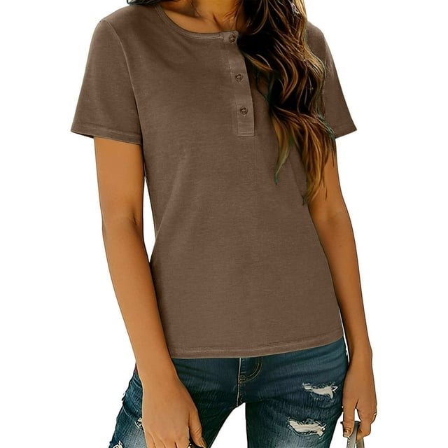 Women's Crew Neck Button Tee, Short Sleeve Loose Roll Sleeve Summer Casual Basic Top,Coffee,M