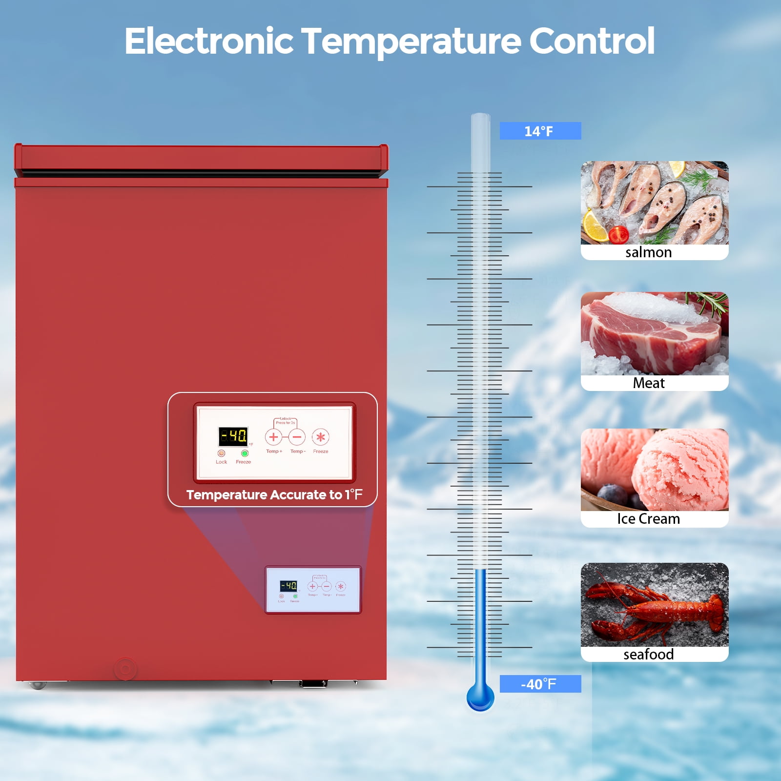 KNDKO 3.5 Cu.Ft Low temperature Chest Freezer with 2 Removable Baskets, Electronic Control, Super-Low Temperature 14℉ to -40℉, Red
