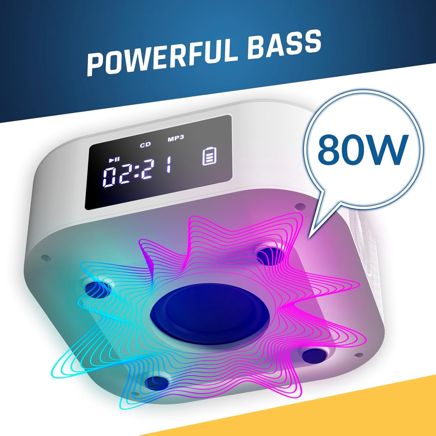 Open Box KLIM Boombox E1 - CD Player Portable Stereo + built-in Subwoofer + FM Radio, Bluetooth, Remote, Rechargeable Battery, White