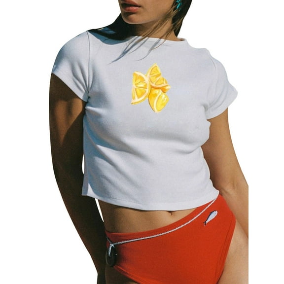 Michellecmm Women's Crew Neck Cropped Tops Cute Graphic Short Sleeve Slim Fit Tees