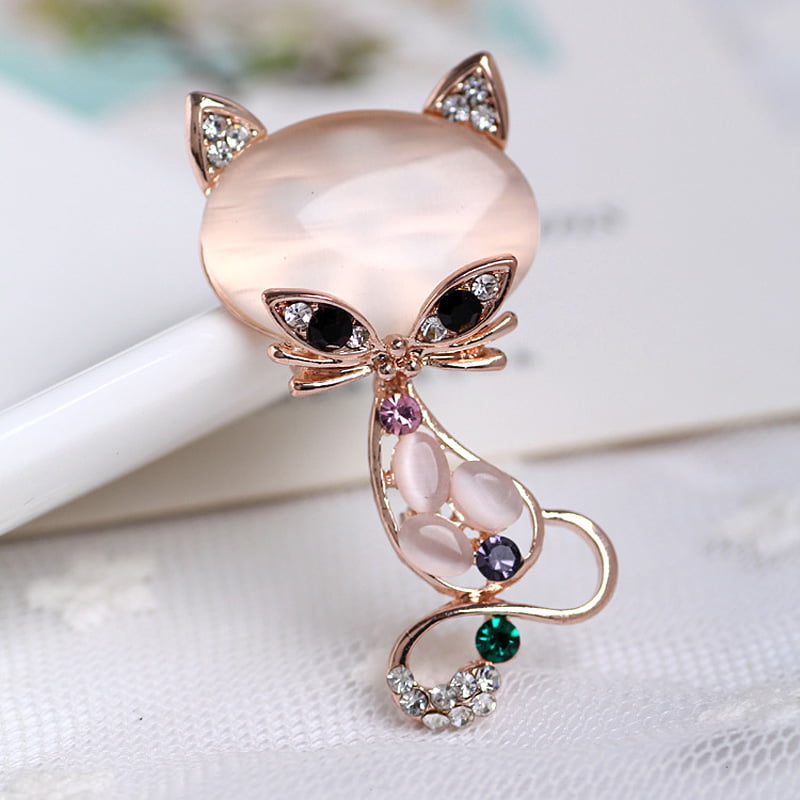 Elegant Women Crystal Opal Stone Cat Brooch Pin Scarf Clip Bride Wedding Jewelry