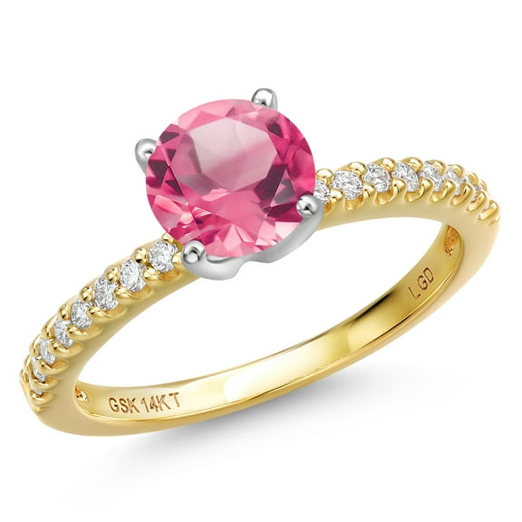 Gem Stone King 14K Two Tone Gold Pink Mystic Topaz and Lab Grown Diamond Engagement Ring for Women | 1.81 Cttw | Round 7MM | Gemstone November Birthstone | Size 7