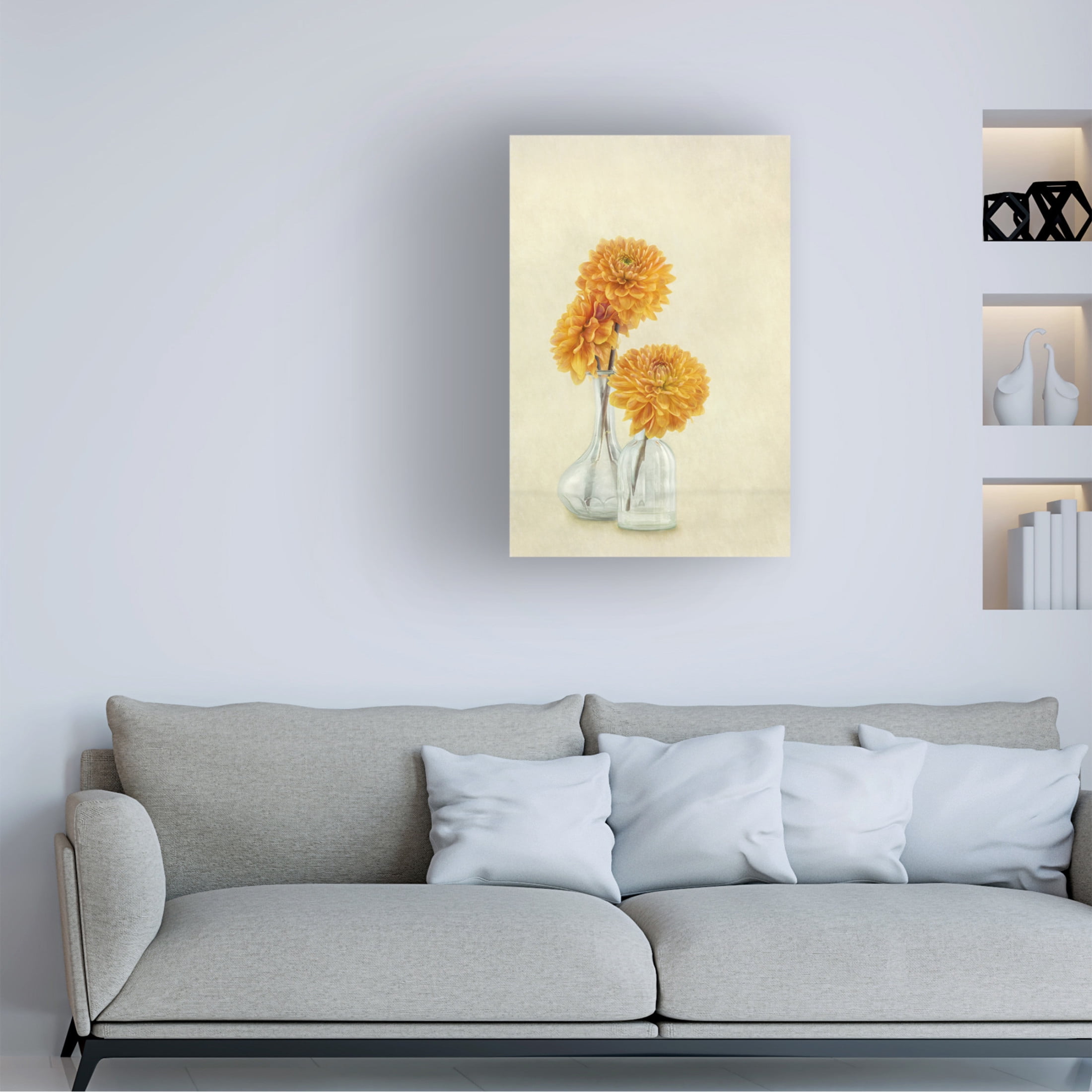 Canvas Wall Art - Gaille Gray '3 Dahlias' Wall Art for Living Room, Bedroom, or Office Décor by Trademark Fine Art - 12 x 19 Inches