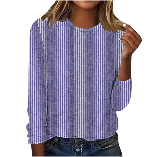 Lenpel T-Shirts pour Femmes Mode Automne Manches Longues Col Rond Rayé Tee Basique Hauts Blouses Décontractées Amples (Violet, Petit)