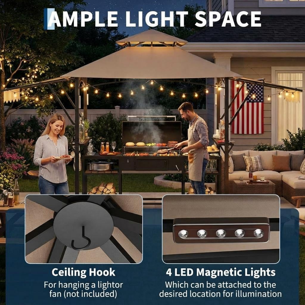 Outdoor BBQ Gazebo,8*5FT  Patio Grill Gazebos with Adjustable Shadow,2 Handy Shelves, Hooks & Ceiling Light Hook,Barbeque Gazebo Canopy for Backyard Garden Poolside