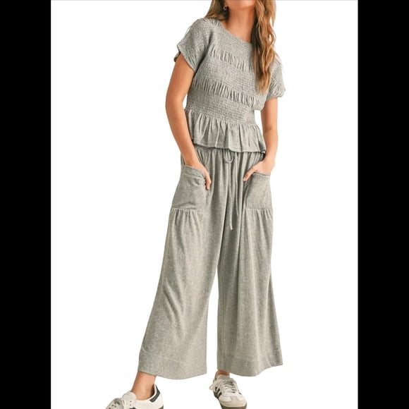 Conjunto de Dos Piezas para Mujer: Top Fruncido y Pantalón Conjunto Informal Bohemio de Cintura Alta con Bolsillos Gris XL