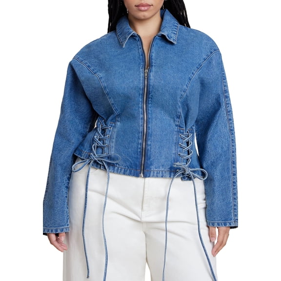 ELOQUII Women's Plus Size Lace Up Denim Jacket