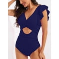 thumbnail image 5 of Cadmus Womens V Neck Ruffled One Piece Swimsuit Tummy Control Cutout Bathing Suits,2390, Blue，Medium, 5 of 6