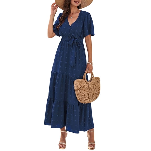 Boho Dot Summer Maxi Dresses for Women Wrap V Neck Short Sleeve Long Flowy Church Wedding Guest Dress Blue S
