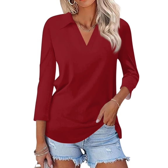 Women's V Neck Collared Polo Tops, Fall Business Casual 3/4 Sleeve Loose Fit Soft Trendy Work Shirts S