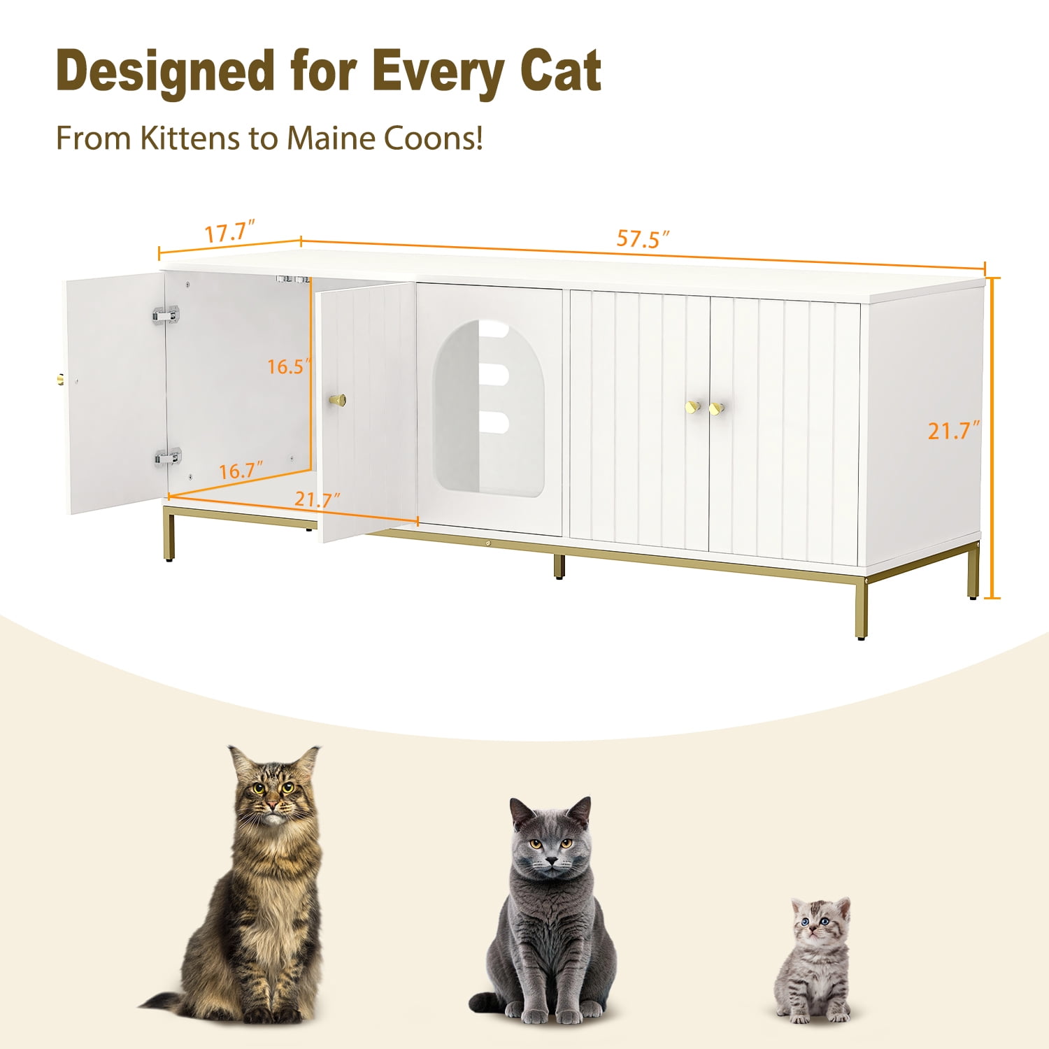 Cat Litter Box Enclosure for 2 Cats, Litter Box Furniture with Double Room, Central Entry, and Dual Use as TV Stand for Living Room, White (Elevated Version)