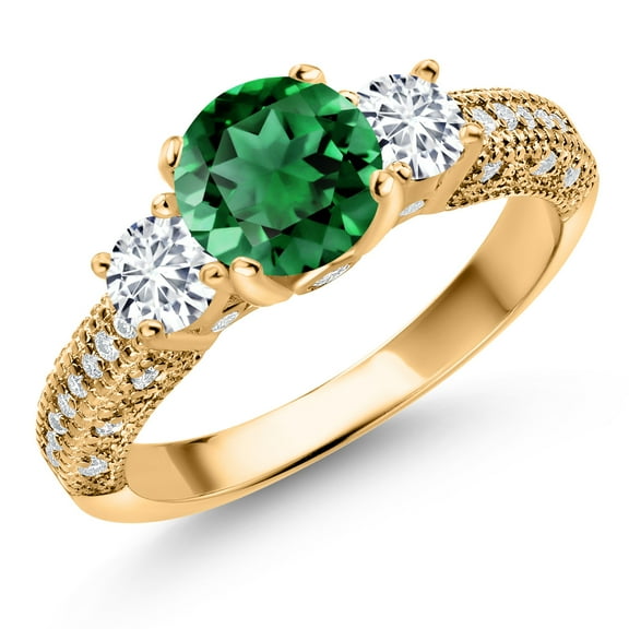 Gem Stone King 18K Yellow Gold Plated Silver Green Nano Emerald White Lab Grown Diamond and White Moissanite Engagement Ring for Women (1.84 Cttw, Gemstone May Birthstone, Round 7MM and 4MM, Size 6)