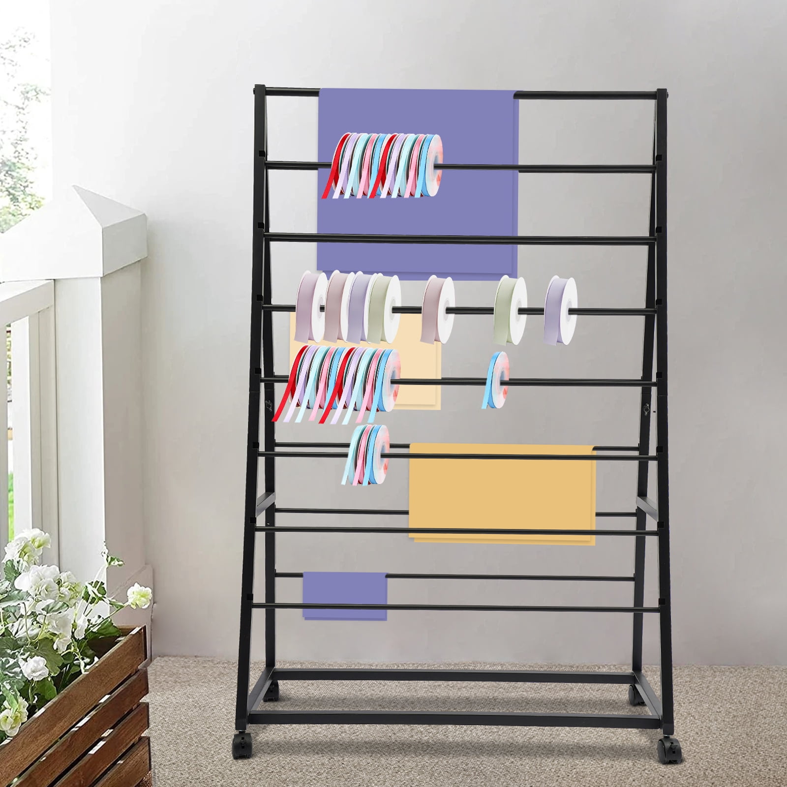 Ribbon Display Organizer with Wheels, Ribbon Holder Organizer Rack, Ribbon Storage Organizer For DIYs, Craft Stores, Homes, Florists, Gift Stores
