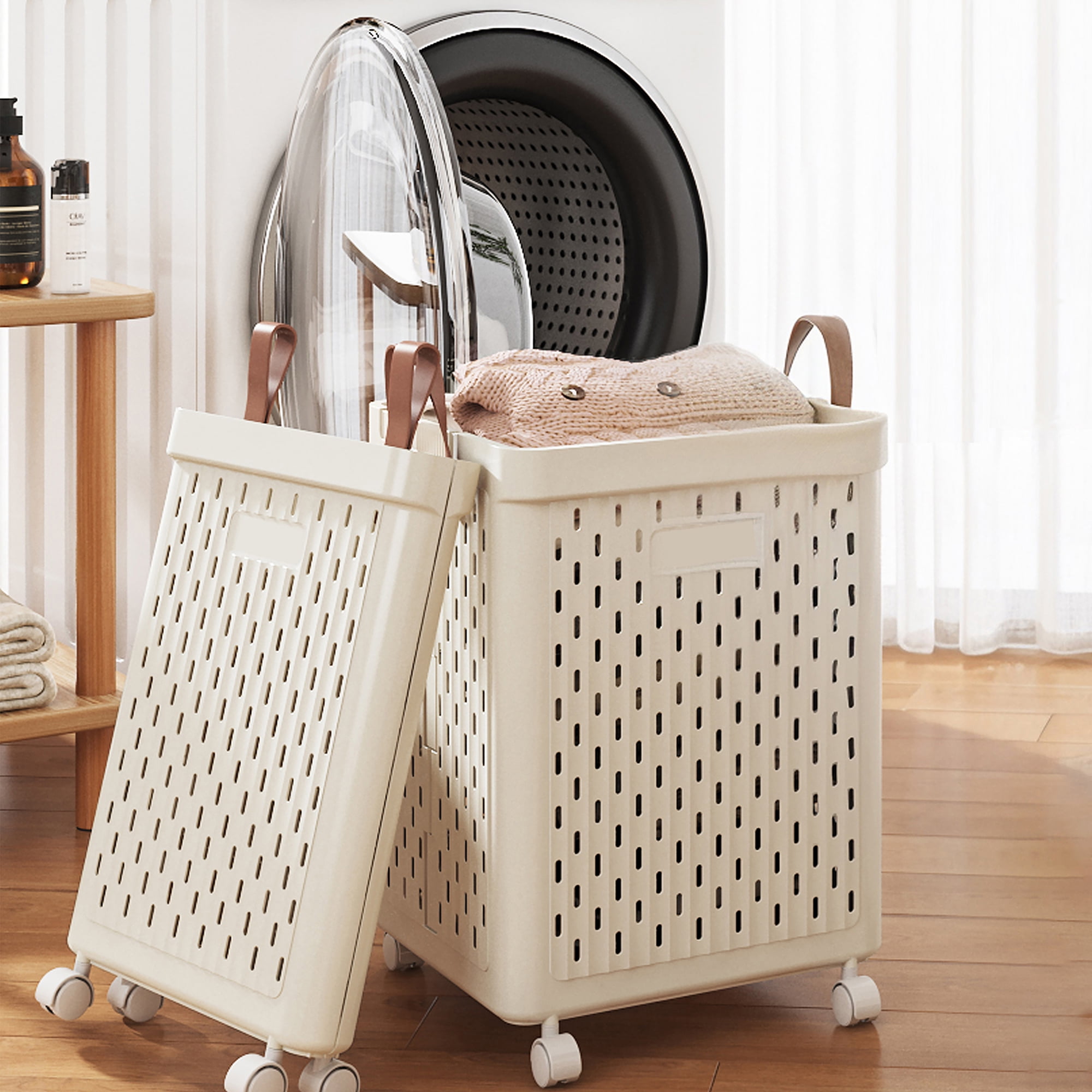SEESPRING 1 Bushel Laundry Basket with Wheels Foldable Rolling Slim Laundry Basket Waterproof,Tall Thin Plastic Dirty Clothes Laundry Hamper