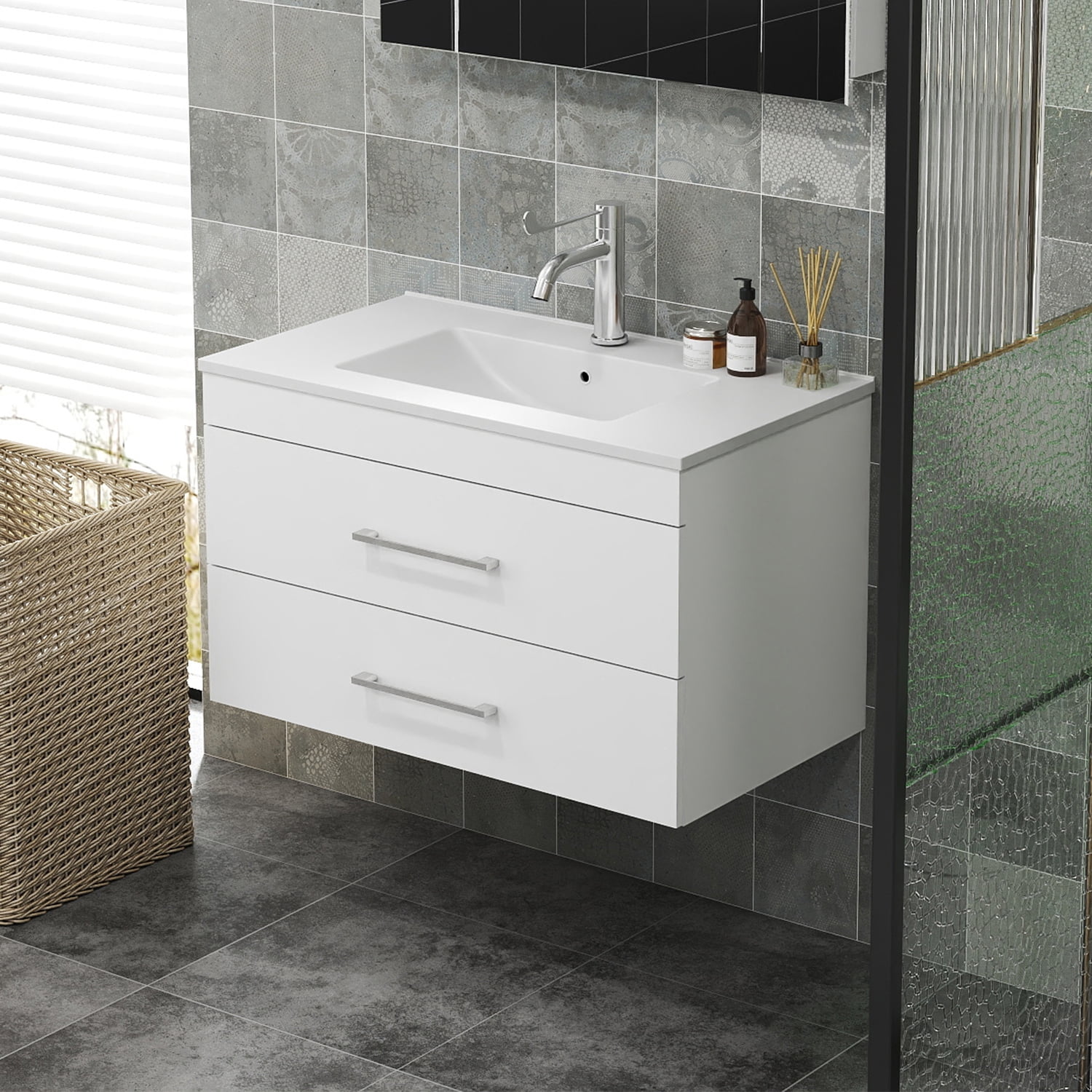 Demi Bonn 32" Wall-Mounted Bathroom Vanity with Ceramic Sink and 2 Soft-Close Drawers, Faucets and Drains Not Included, White