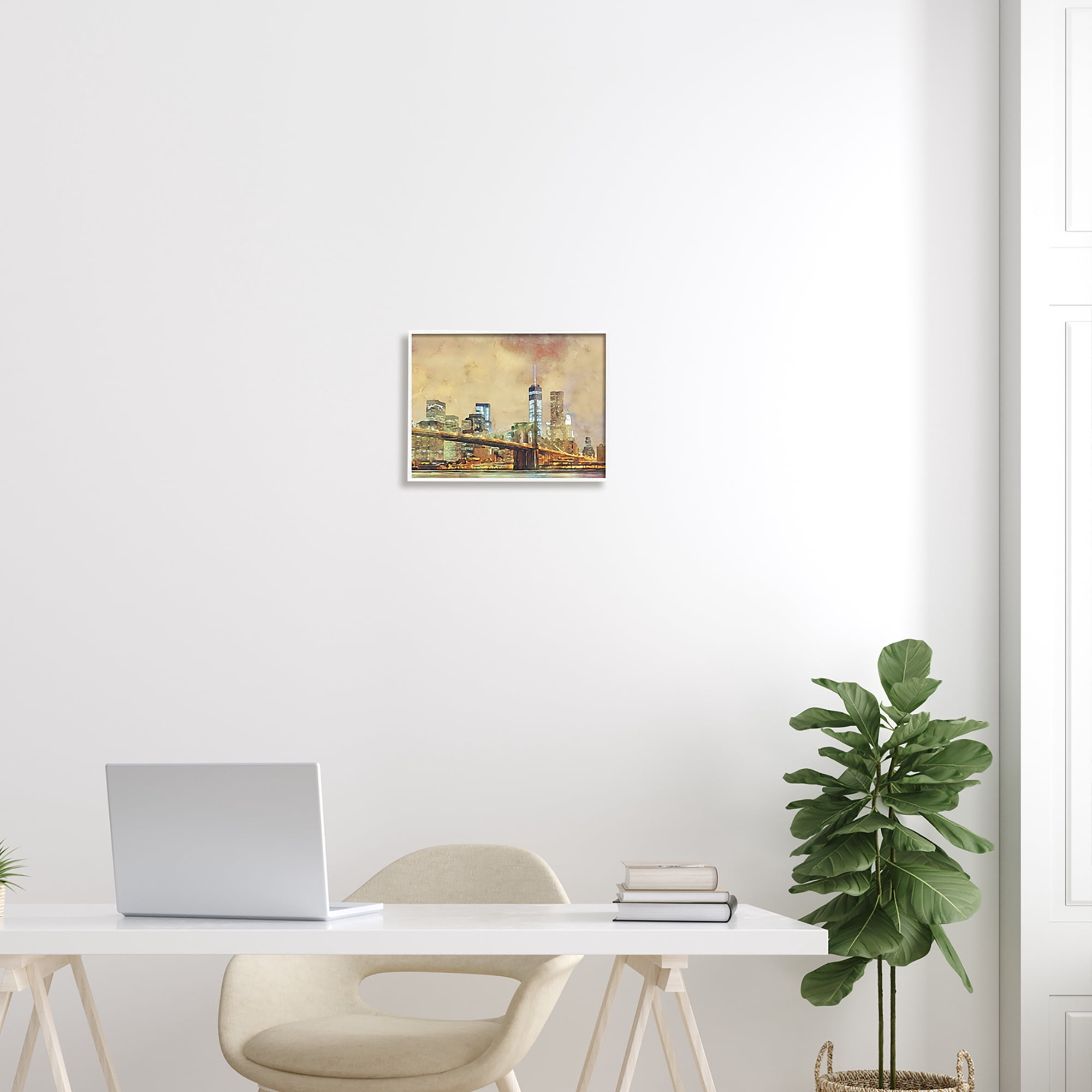 Stupell Urban Cityscape Bridge Metropolis Travel & Places Painting White Framed Art Print Wall Art