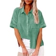 thumbnail image 2 of Ichuanyi Womens Cotton Button Down Shirt Casual Short Sleeve Loose Fit Collared Linen Work Blouse Tops with Pocket,Button On Shirt, 2 of 6