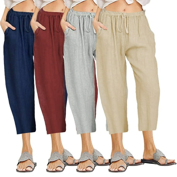 HAOYUNL Women's Linen Pants Solid Color Cotton Drawstring Casual Loose Pocket Home Pants Cropped Pants S-3XL